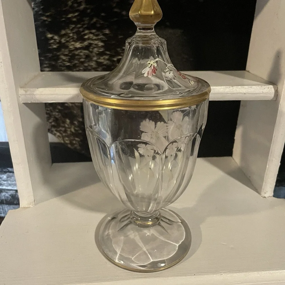 HANDPAINTED CRYSTAL FOOTED LIDDED CANDY JAR JEWELRY APOTHACARY CABINET DISPLAY‎